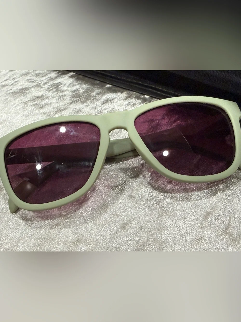 Goodr Classic Wayfarer-Style Sunglasses in Light Sage with Purple Lenses